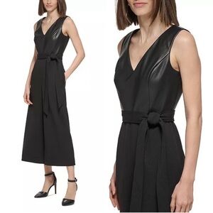 Calvin Klein Black Jumpsuit Faux Leather Top with belt
